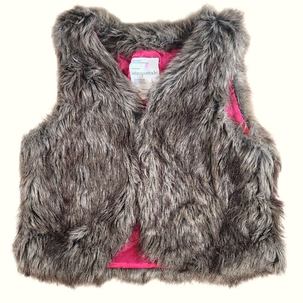 Aeropostale Y2K Faux Fur Vest Size Large Brown Grey w/ Pink Lined Hook Closure‎